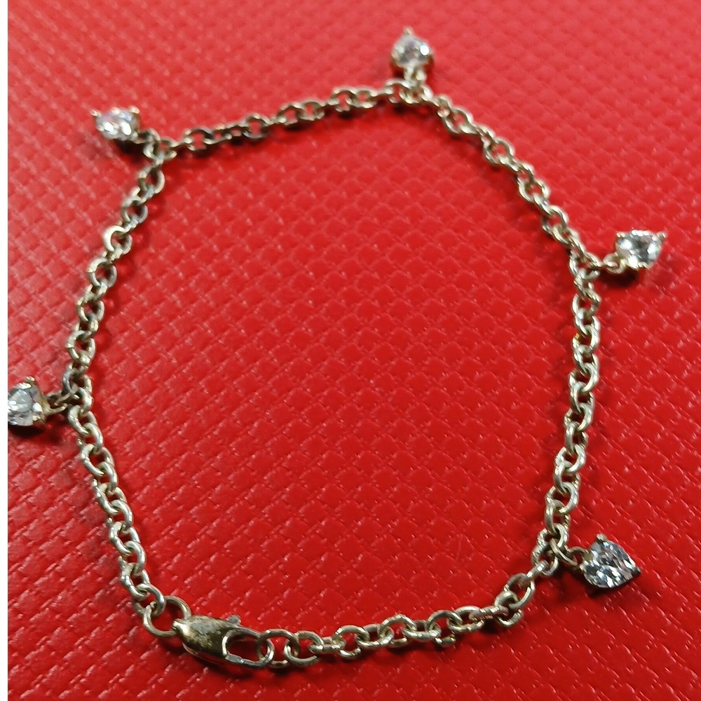 Vintage 1990s Sterling Silver Heart Dangle Charm Bracelet Cubic Zirconia 7 Inch